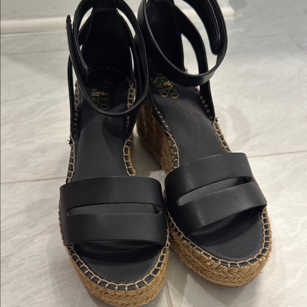 Franco Sarto Black and Tan Wedge Sandals - Picture 6 of 9